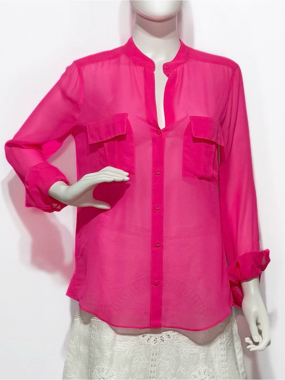 BCBGMaxAzria Y2K VTG Hot Neon Pink Sheer Button-Front Blouse with pockets | S - Picture 3 of 6